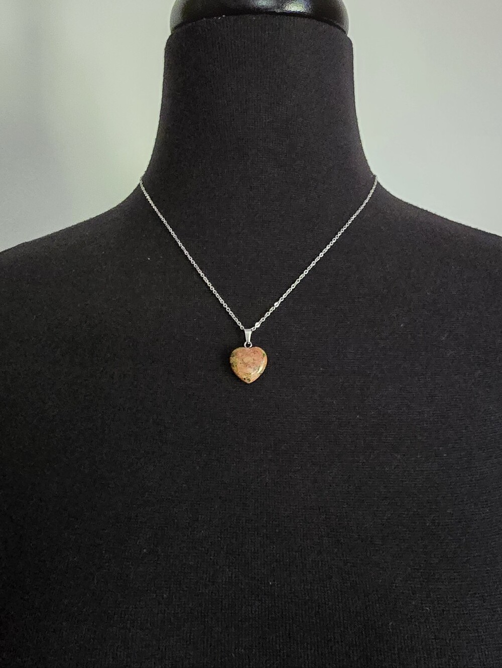 Unakite Heart Pendant With Siver Tone Chain Necklace 18"